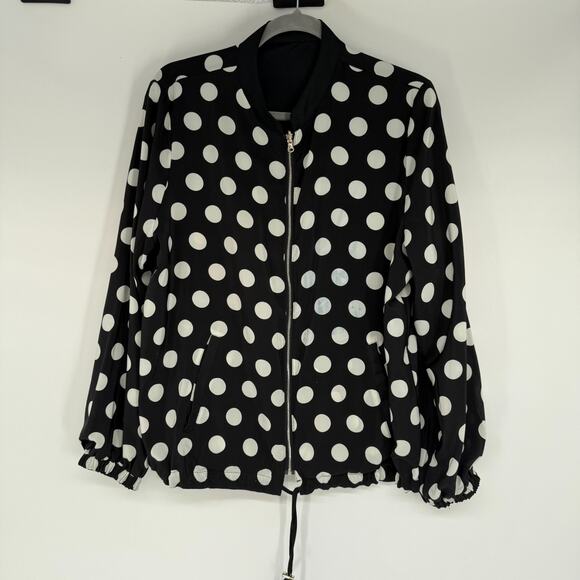 Chicos Reversible Bomber Jacket Womens 12/14 Black Floral Polka Dot Silky Zip Up - Picture 4 of 15